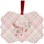 Modern Plaid & Floral Metal Frame Ornament - Double Sided w/ Name or Text