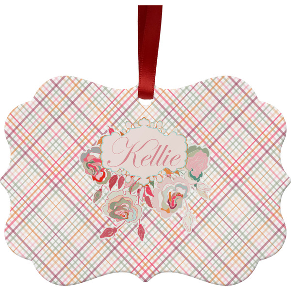 Custom Modern Plaid & Floral Metal Frame Ornament - Double Sided w/ Name or Text