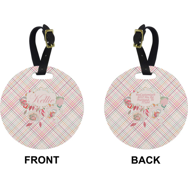 Modern Plaid & Floral Circle Luggage Tag (Front + Back)