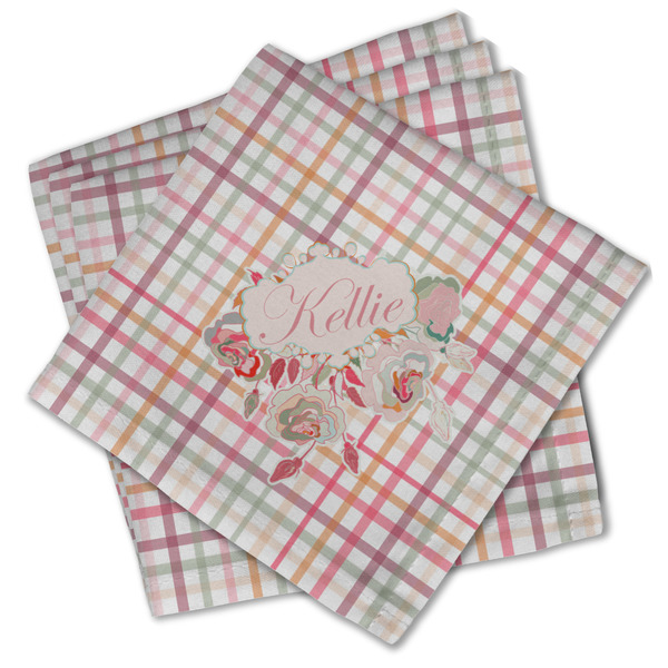 Custom Modern Plaid & Floral Cloth Cocktail Napkins - Set of 4 w/ Name or Text