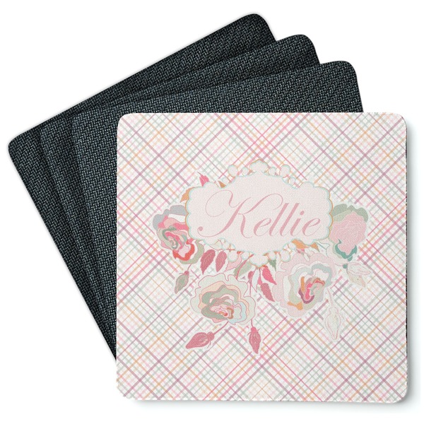 Custom Modern Plaid & Floral Square Rubber Backed Coasters - Set of 4 (Personalized)