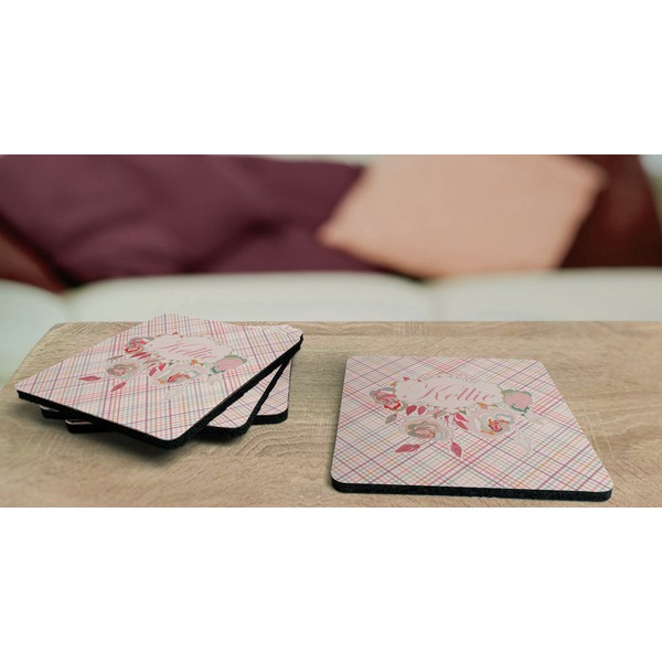 Modern Plaid & Floral Coaster Rubber Back - On Coffee Table