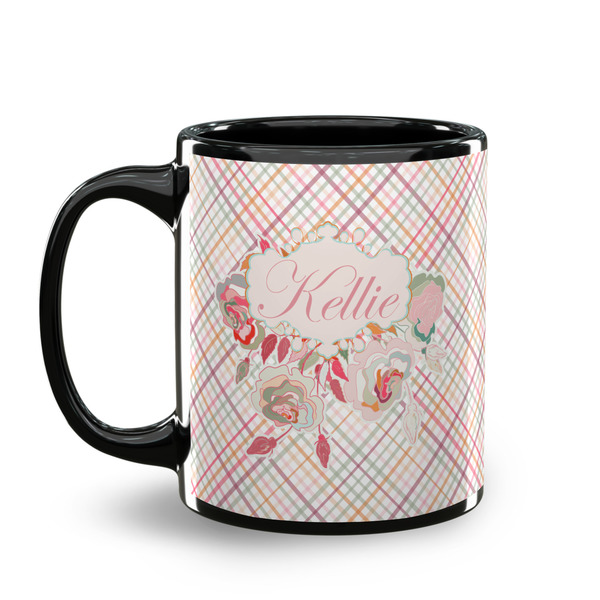 Modern Plaid & Floral Coffee Mug - 11 oz - Black