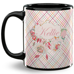 Modern Plaid & Floral 11 Oz Coffee Mug - Black (Personalized)