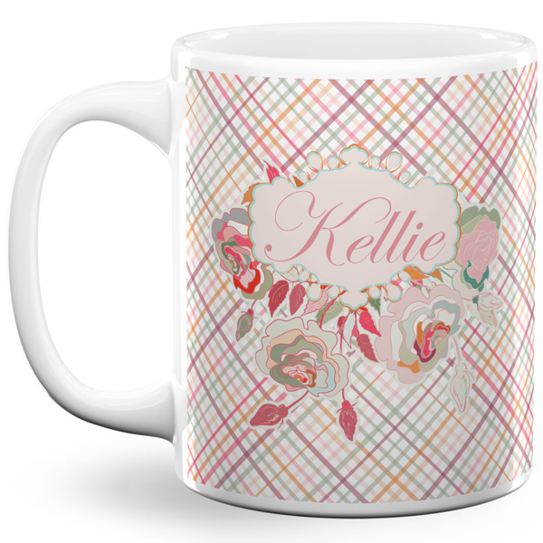 Custom Modern Plaid & Floral 11 Oz Coffee Mug - White (Personalized)