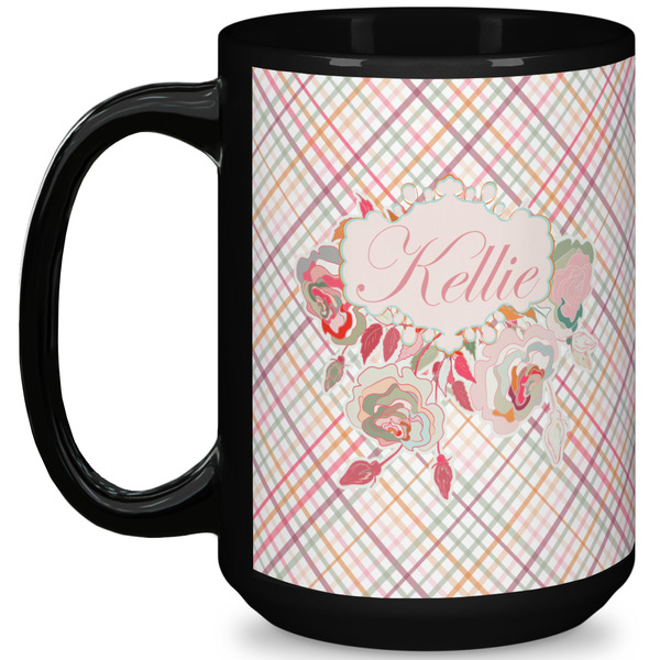 Custom Modern Plaid & Floral 15 Oz Coffee Mug - Black (Personalized)
