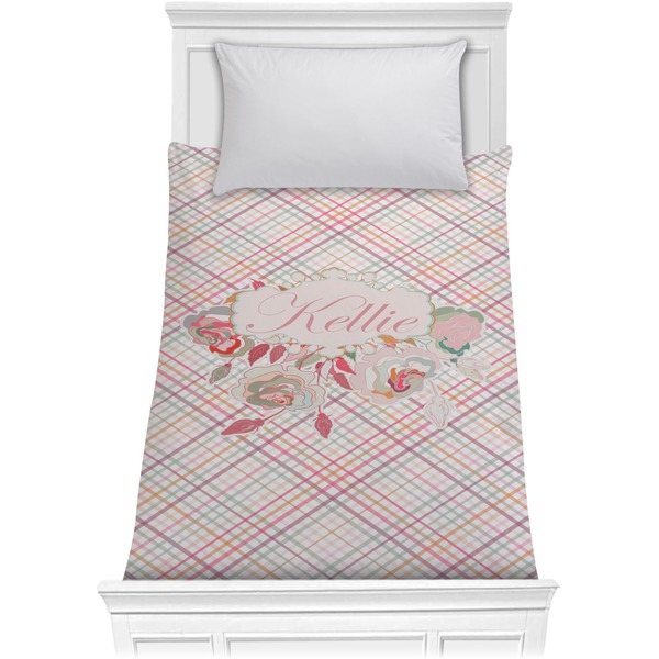 Custom Modern Plaid & Floral Comforter - Twin XL (Personalized)