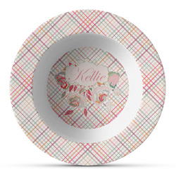 Modern Plaid & Floral Plastic Bowl - Microwave Safe - Composite Polymer (Personalized)