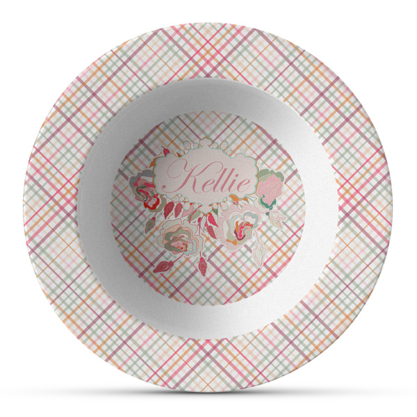 Custom Modern Plaid & Floral Plastic Bowl - Microwave Safe - Composite Polymer (Personalized)