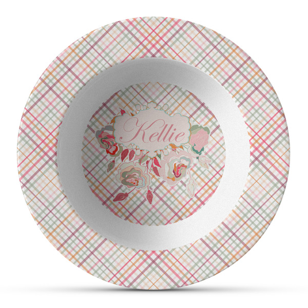 Custom Modern Plaid & Floral Plastic Bowl - Microwave Safe - Composite Polymer (Personalized)