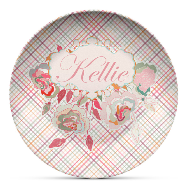 Custom Modern Plaid & Floral Microwave Safe Plastic Plate - Composite Polymer (Personalized)