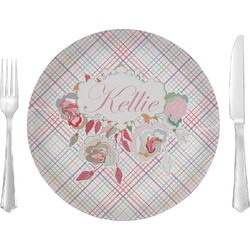 Modern Plaid & Floral 10" Glass Lunch / Dinner Plates - Single or Set (Personalized)