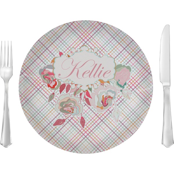 Custom Modern Plaid & Floral 10" Glass Lunch / Dinner Plates - Single or Set (Personalized)