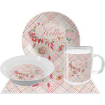 Modern Plaid & Floral Dinner Set - Single 4 Pc Setting w/ Name or Text