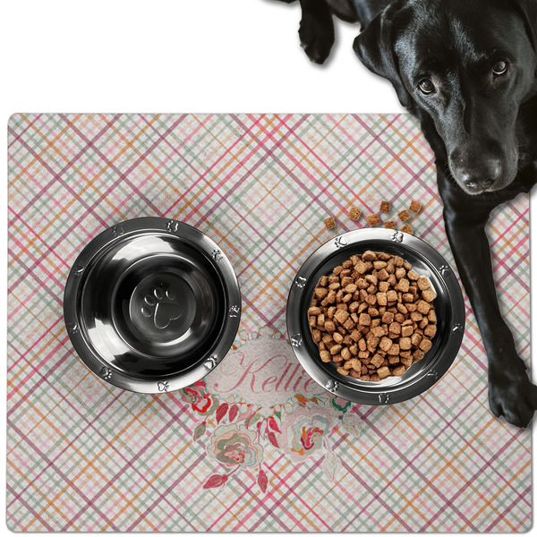Custom Modern Plaid & Floral Dog Food Mat - Large w/ Name or Text