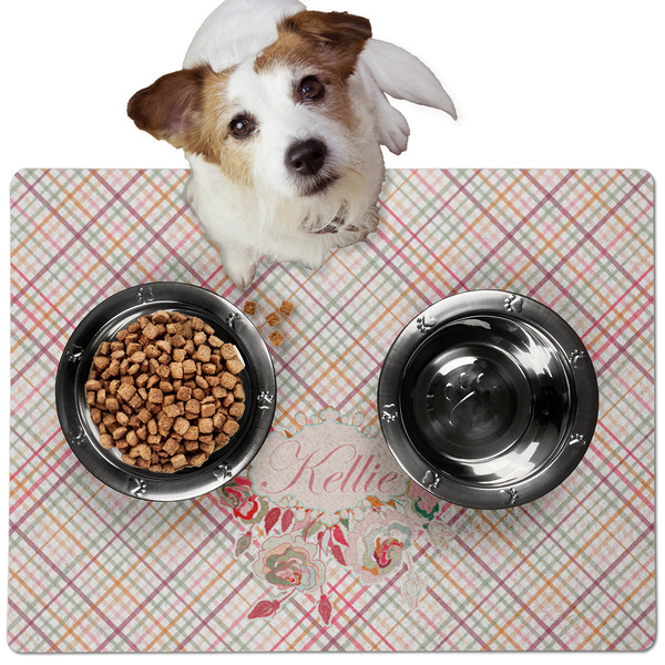 Custom Modern Plaid & Floral Dog Food Mat - Medium w/ Name or Text