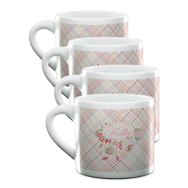 Custom Modern Plaid & Floral Double Shot Espresso Cups - Set of 4 (Personalized)