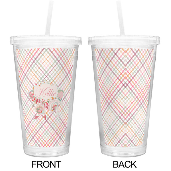 Modern Plaid & Floral Double Wall Tumbler with Straw - Approval