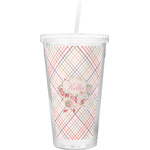 Modern Plaid & Floral Double Wall Tumbler with Straw (Personalized)