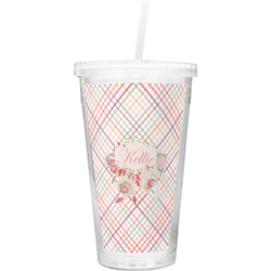 Modern Plaid & Floral Double Wall Tumbler with Straw (Personalized)