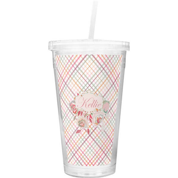 Custom Modern Plaid & Floral Double Wall Tumbler with Straw (Personalized)