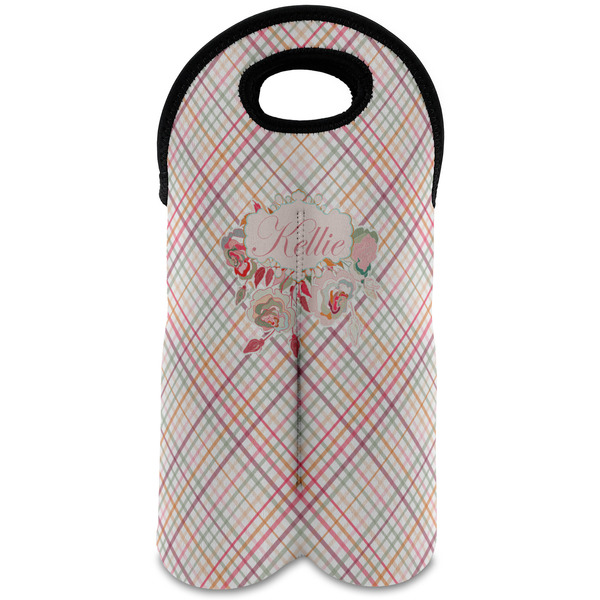 Custom Modern Plaid & Floral Wine Tote Bag (2 Bottles) (Personalized)
