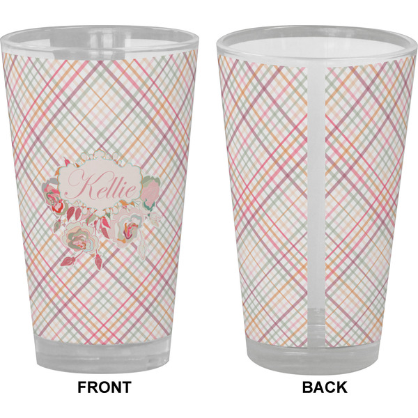 Modern Plaid & Floral Pint Glass - Full Color - Front & Back Views