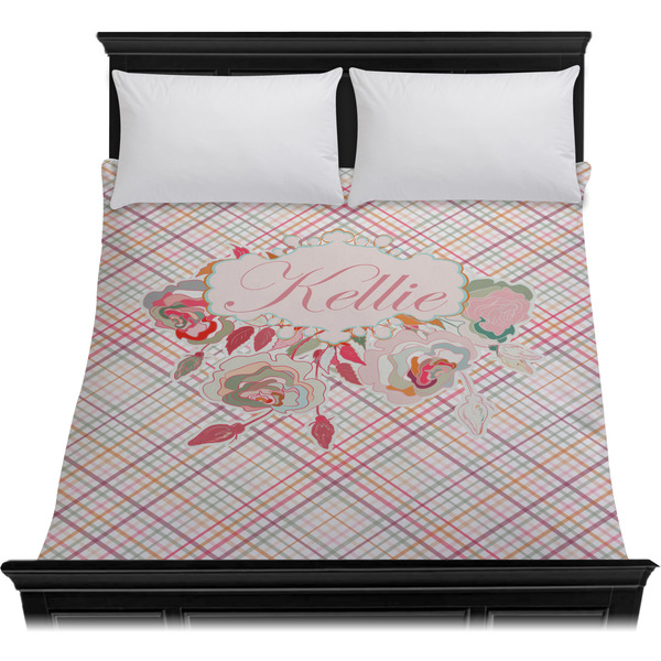 Modern Plaid & Floral Duvet Cover - Queen - On Bed - No Prop