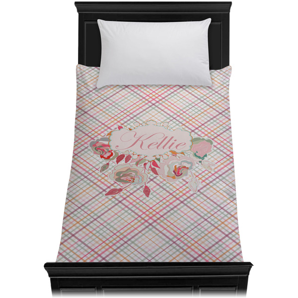 Modern Plaid & Floral Duvet Cover - Twin - On Bed - No Prop