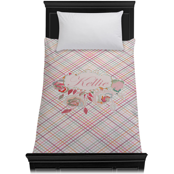 Modern Plaid & Floral Duvet Cover - Twin XL - On Bed - No Prop