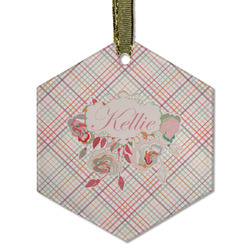 Modern Plaid & Floral Flat Glass Ornament - Hexagon w/ Name or Text