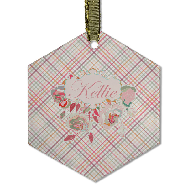 Custom Modern Plaid & Floral Flat Glass Ornament - Hexagon w/ Name or Text