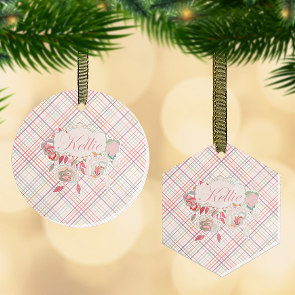 Custom Modern Plaid & Floral Flat Glass Ornament w/ Name or Text