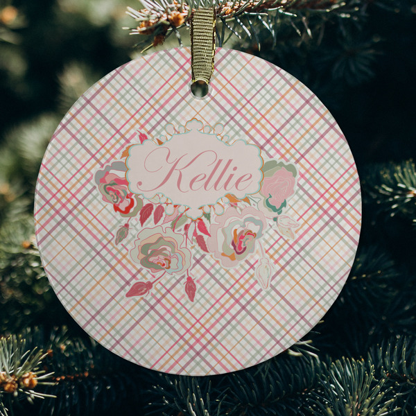Modern Plaid & Floral Frosted Glass Ornament - Round (Lifestyle)
