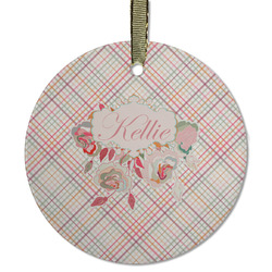 Modern Plaid & Floral Flat Glass Ornament - Round w/ Name or Text