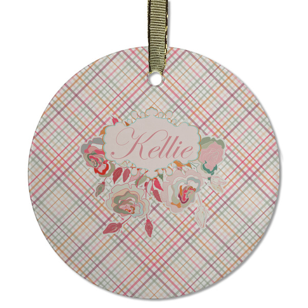 Custom Modern Plaid & Floral Flat Glass Ornament - Round w/ Name or Text