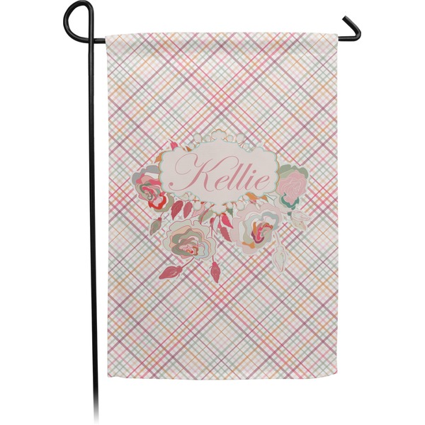 Custom Modern Plaid & Floral Small Garden Flag - Double Sided w/ Name or Text