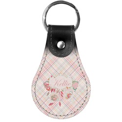 Modern Plaid & Floral Genuine Leather Keychain (Personalized)