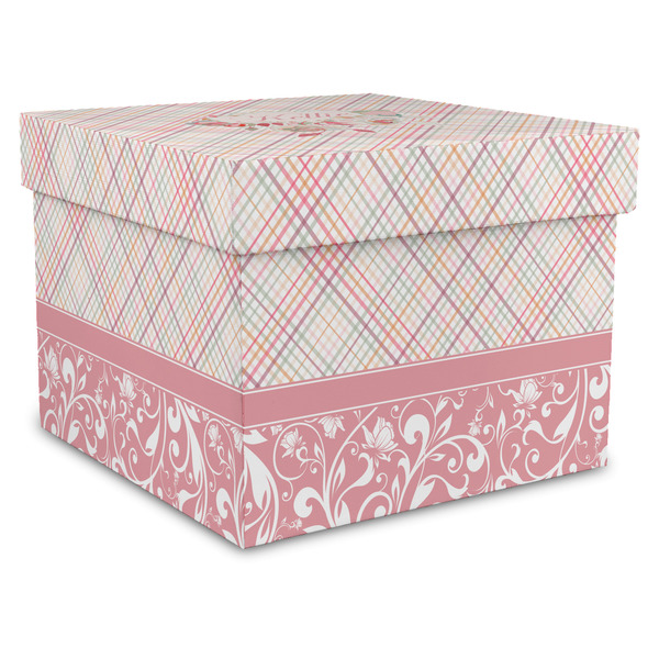 Custom Modern Plaid & Floral Gift Box with Lid - Canvas Wrapped - XX-Large (Personalized)