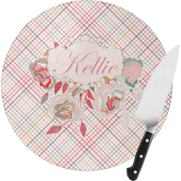 Custom Modern Plaid & Floral Round Glass Cutting Board (Personalized)