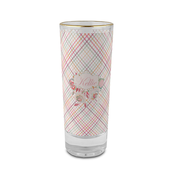Custom Modern Plaid & Floral 2 oz Shot Glass -  Glass with Gold Rim - Set of 4 (Personalized)
