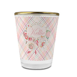Modern Plaid & Floral Glass Shot Glass - 1.5 oz - with Gold Rim - Single (Personalized)