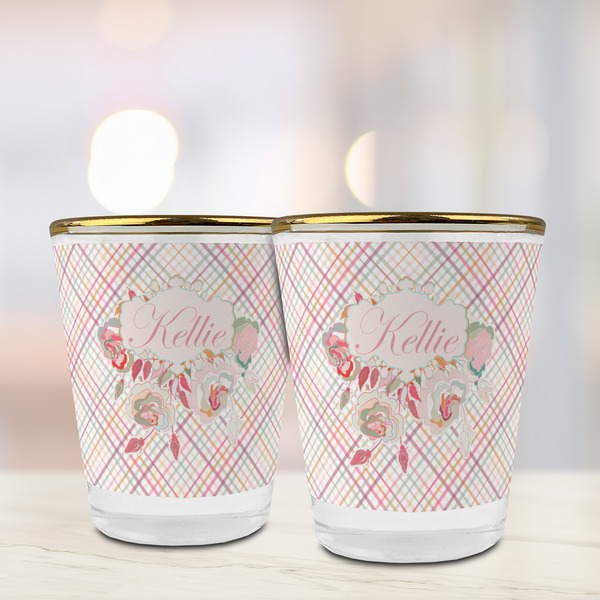 Modern Plaid & Floral Glass Shot Glass - with gold rim - LIFESTYLE