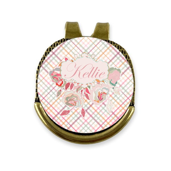 Custom Modern Plaid & Floral Golf Ball Marker - Hat Clip - Gold