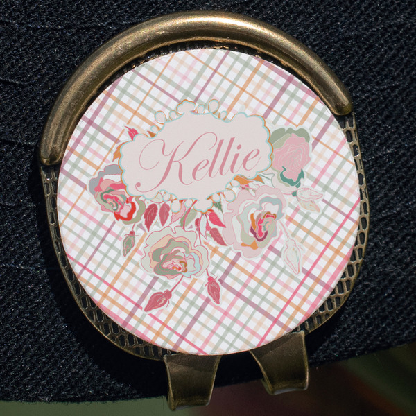 Modern Plaid & Floral Golf Ball Marker Hat Clip - Gold - Close Up