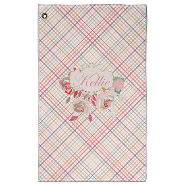 Custom Modern Plaid & Floral Golf Towel - Poly-Cotton Blend w/ Name or Text