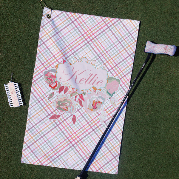 Custom Modern Plaid & Floral Golf Towel Gift Set (Personalized)