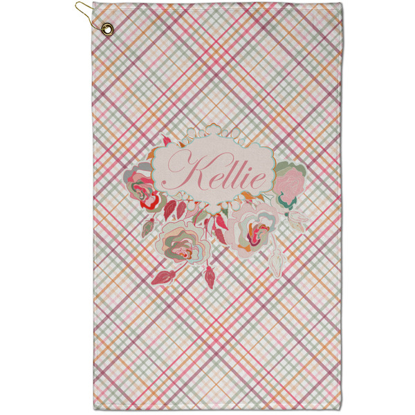 Custom Modern Plaid & Floral Golf Towel - Poly-Cotton Blend - Small w/ Name or Text