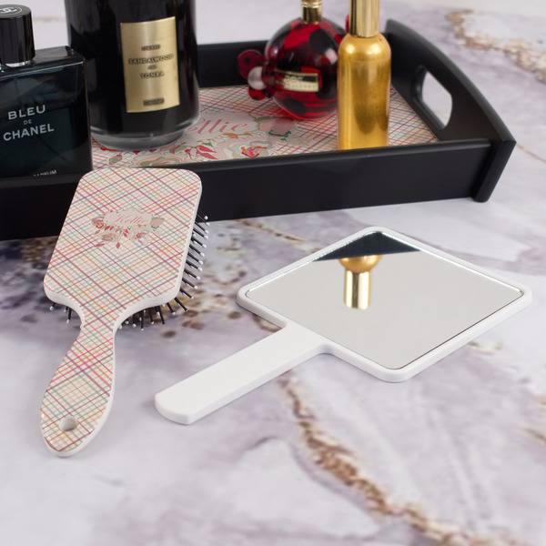 Modern Plaid & Floral Hair Brush - With Hand Mirror