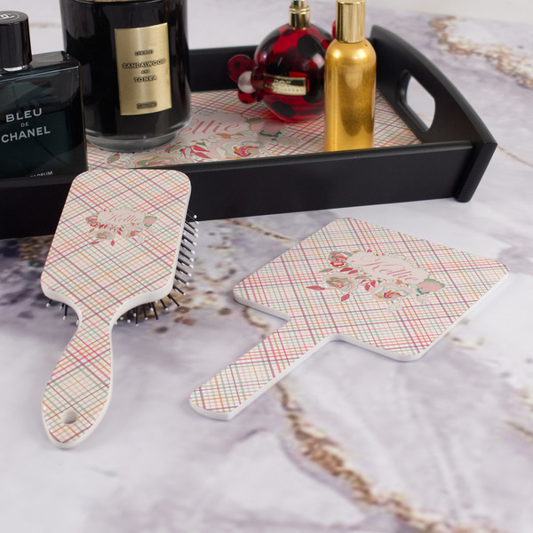 Modern Plaid & Floral Hair Brush and Hand Mirror - Bathroom Scene